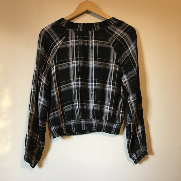 Black & White Plaid Rayon Ruch Waist Crop Top - Picture 2 of 15